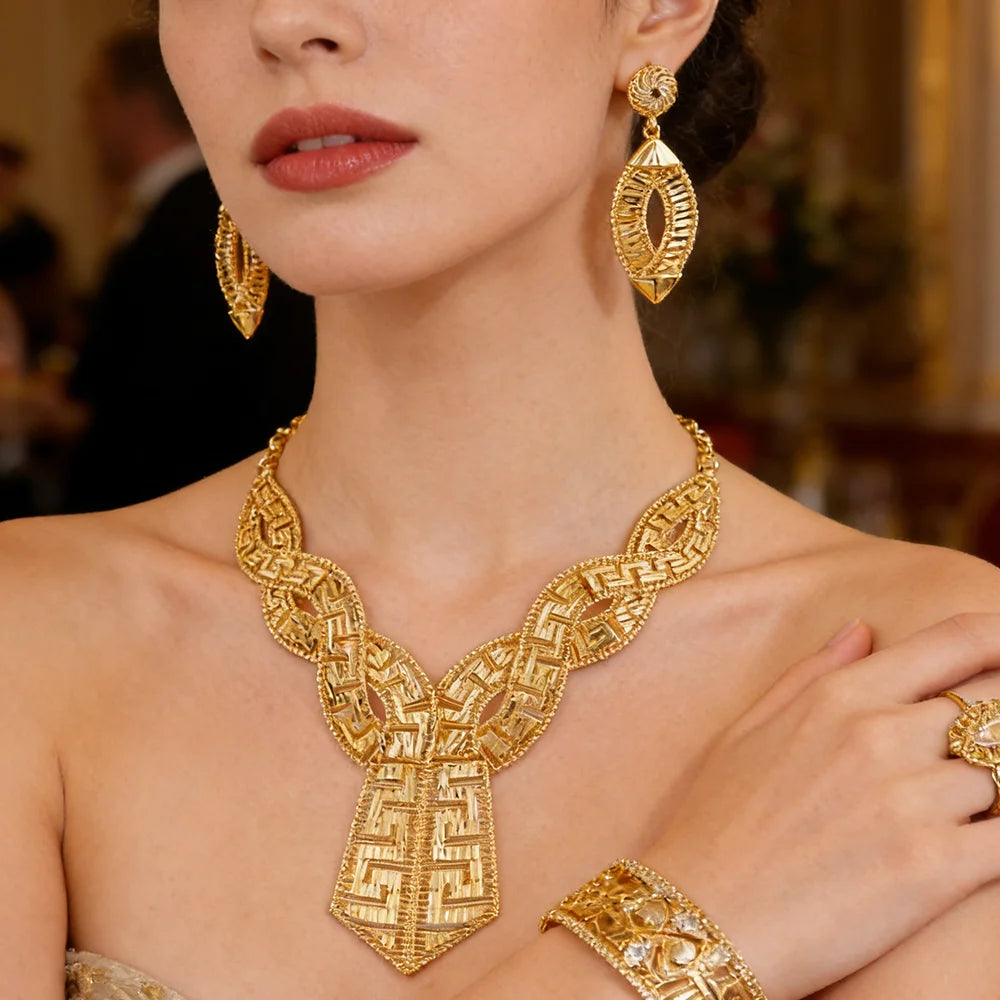 GOLD COLOR JEWELRY 24K Gold Plated Jewelry Set Weddings Earrings Necklace Ring Accessory Luxury Party Gifts
