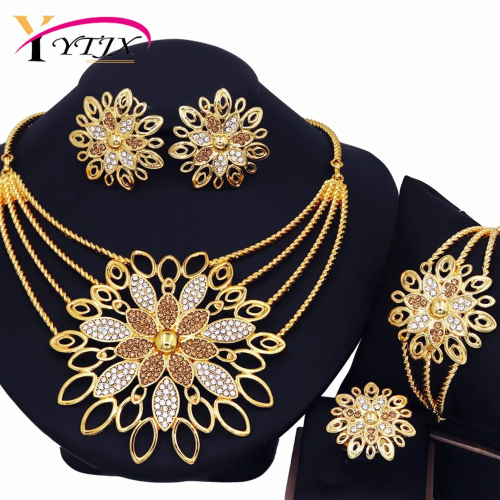 YTJX Luxury Africal Wedding Jewelry Set 18K Gold Plated Big Flower Necklace Bracelet Earring Ring For Women 2025 Trendy New