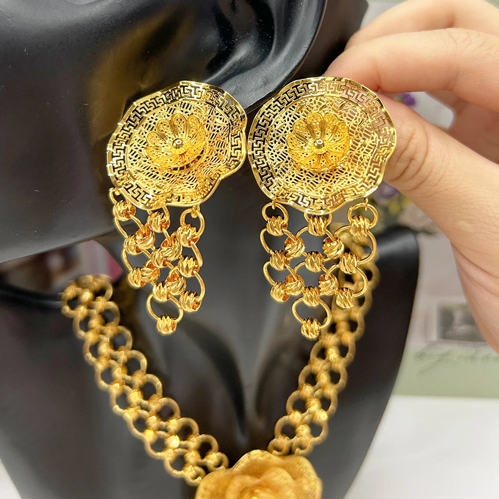 Trendy Dubai Arab Necklace with Earrings Jewelry Set African Fashion Luxury Gold Color Jewelry Set Daily Party Gift Accessories