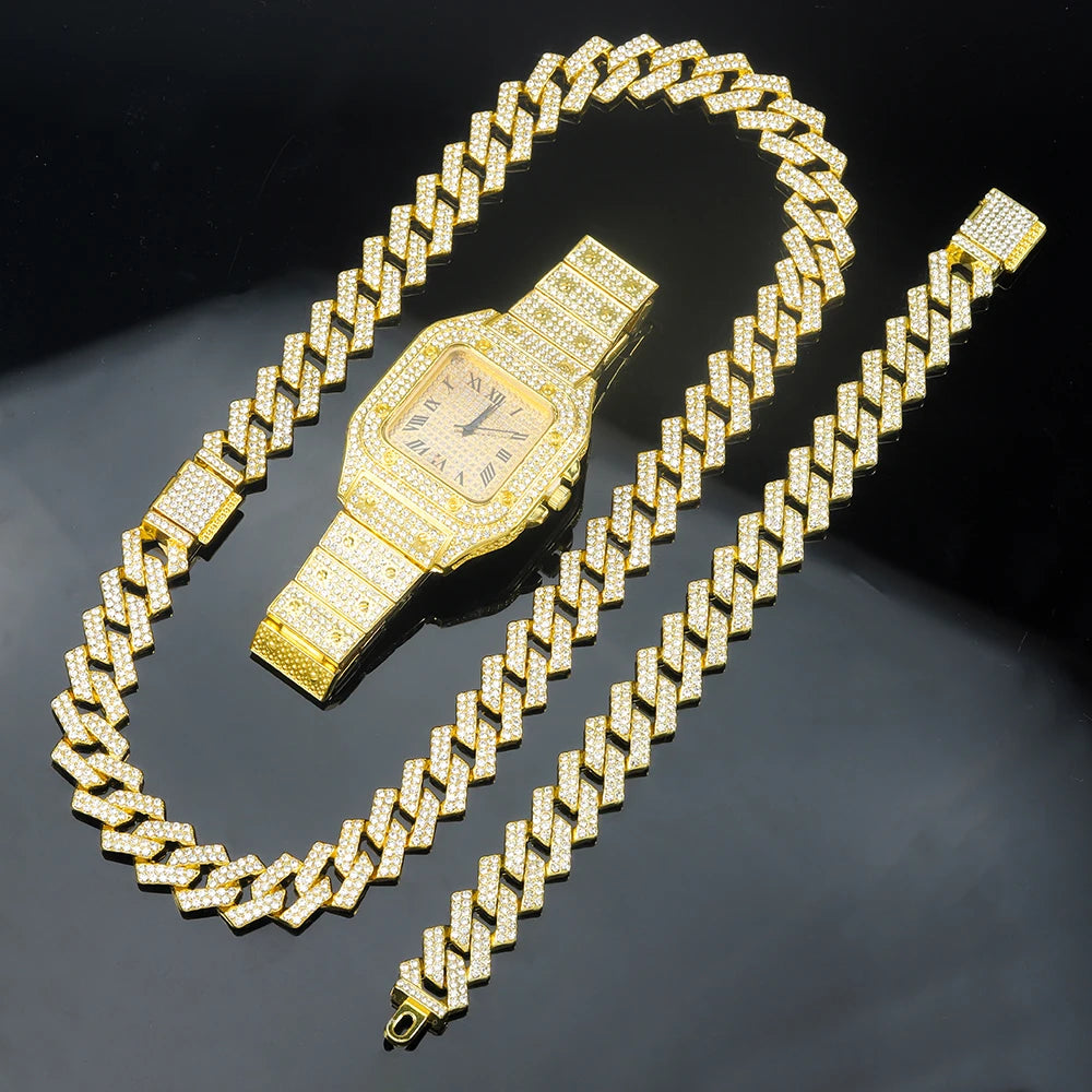 The Imperial Vanguard: Fully Iced Square Watch & Cuban Link Set