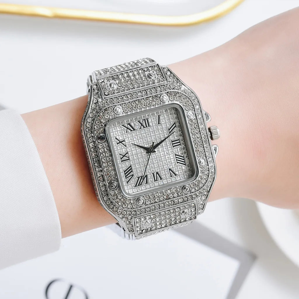 Luxury Moissanite Iced Out Watches, Hip Hop Bust Down Unisex Diamond Watch, Stainless Steel Moissanite Studded Wrist Watch