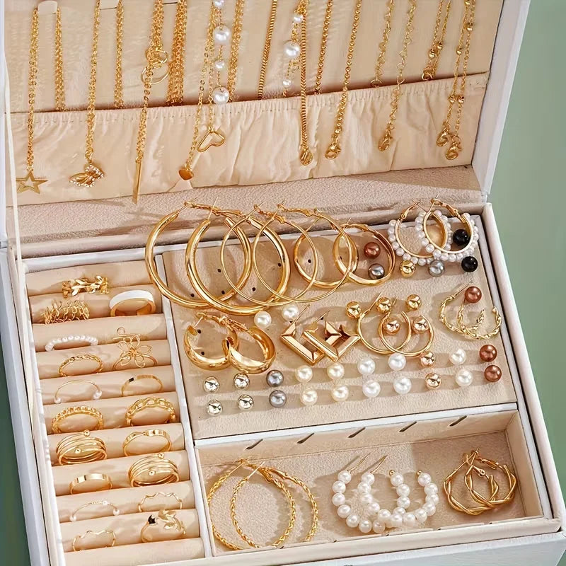 The Imperial Boho: 86-Piece Stackable Pearl & Alloy Jewelry Trunk Set