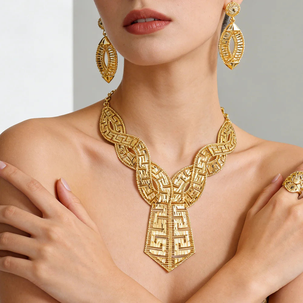 GOLD COLOR JEWELRY 24K Gold Plated Jewelry Set Weddings Earrings Necklace Ring Accessory Luxury Party Gifts